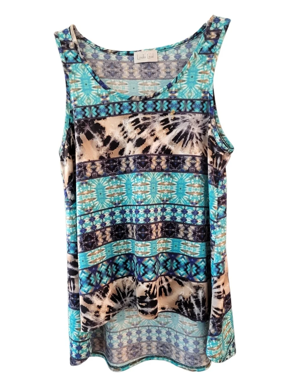 Linda Leal Turquoise & Black Patterned Hi-low Sleeveless Tank - Size S*